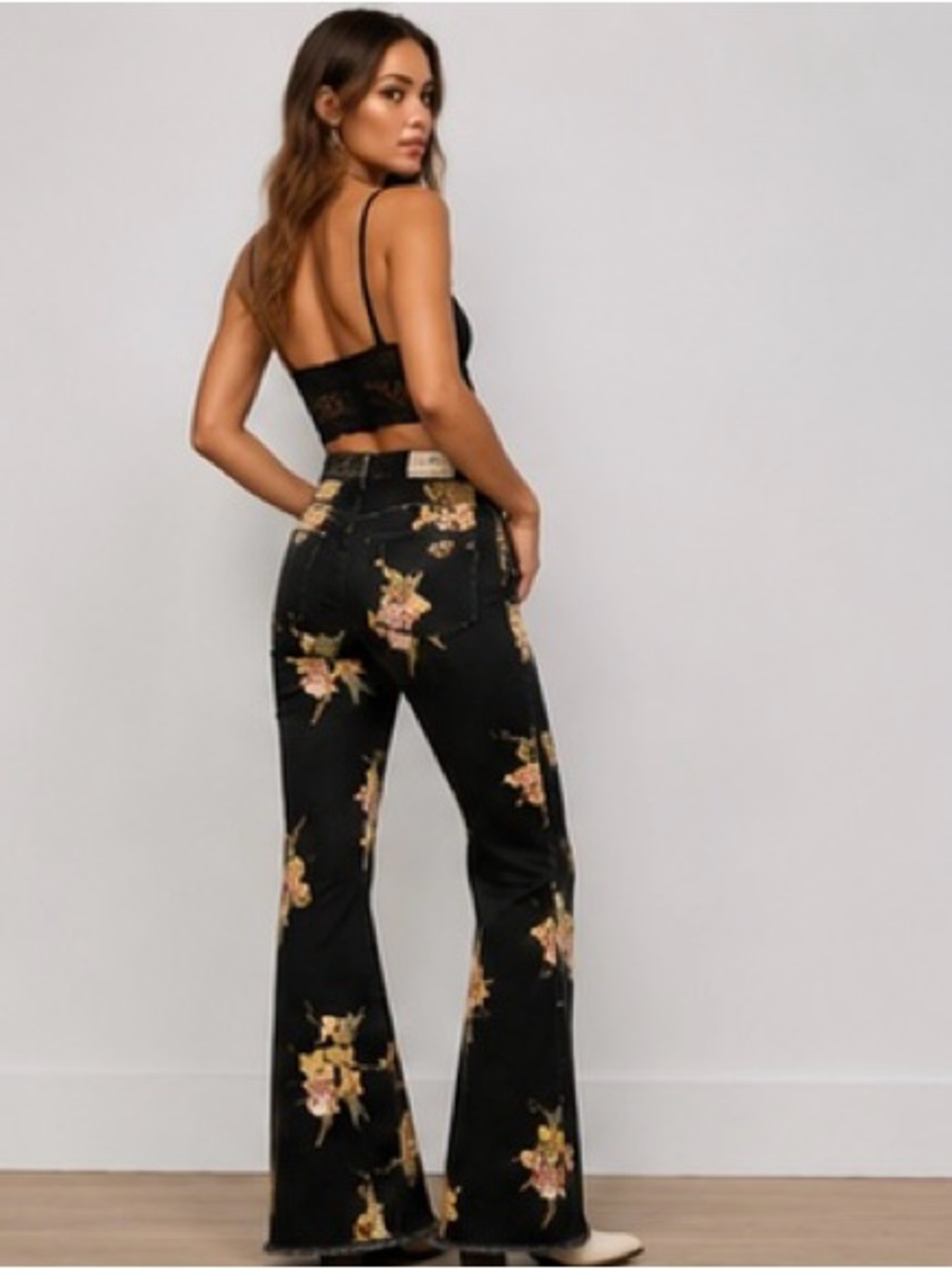Free People Black Floral Boot-Cut Jumpsuit Pants - Picture 2 of 8